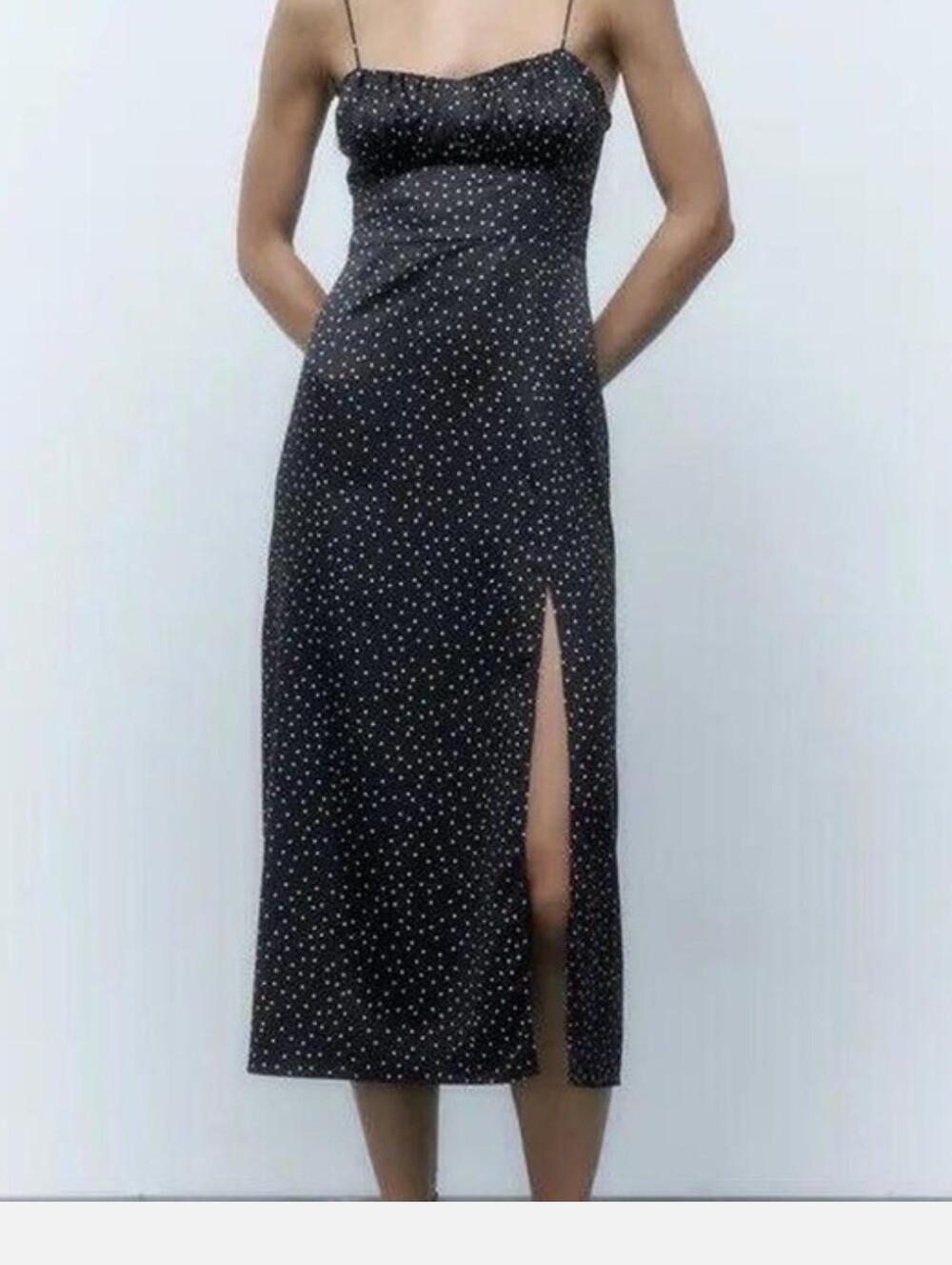 Zara Black Polka Dot Spaghetti-Strap Midi Dress with Side Slit S